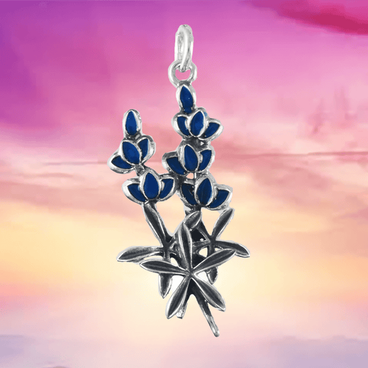 Unique Texan Bluebonnet Necklace, State Flower of Texas, Sterling Silver Blue Bonnet Charm Pendant, N9449 Birthday Mother Wife Mom Gift - Hawaii Treasures Shop