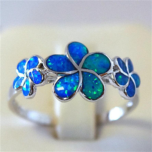 Stunning Hawaiian Opal Plumeria Ring, Sterling Silver Blue Opal 3 Plumeria Flower Ring, R1042 Birthday Mom Wife Mother Gift, Statement PC - Hawaii Treasures Shop