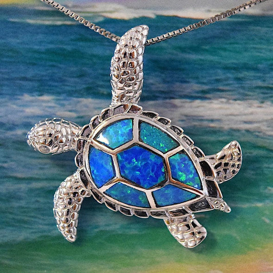 Gorgeous Large Hawaiian Sea Turtle Necklace, Sterling Silver Blue Opal Turtle Pendant, N6023 Birthday Mom Wife Mother Gift, Statement PC - Hawaii Treasures Shop