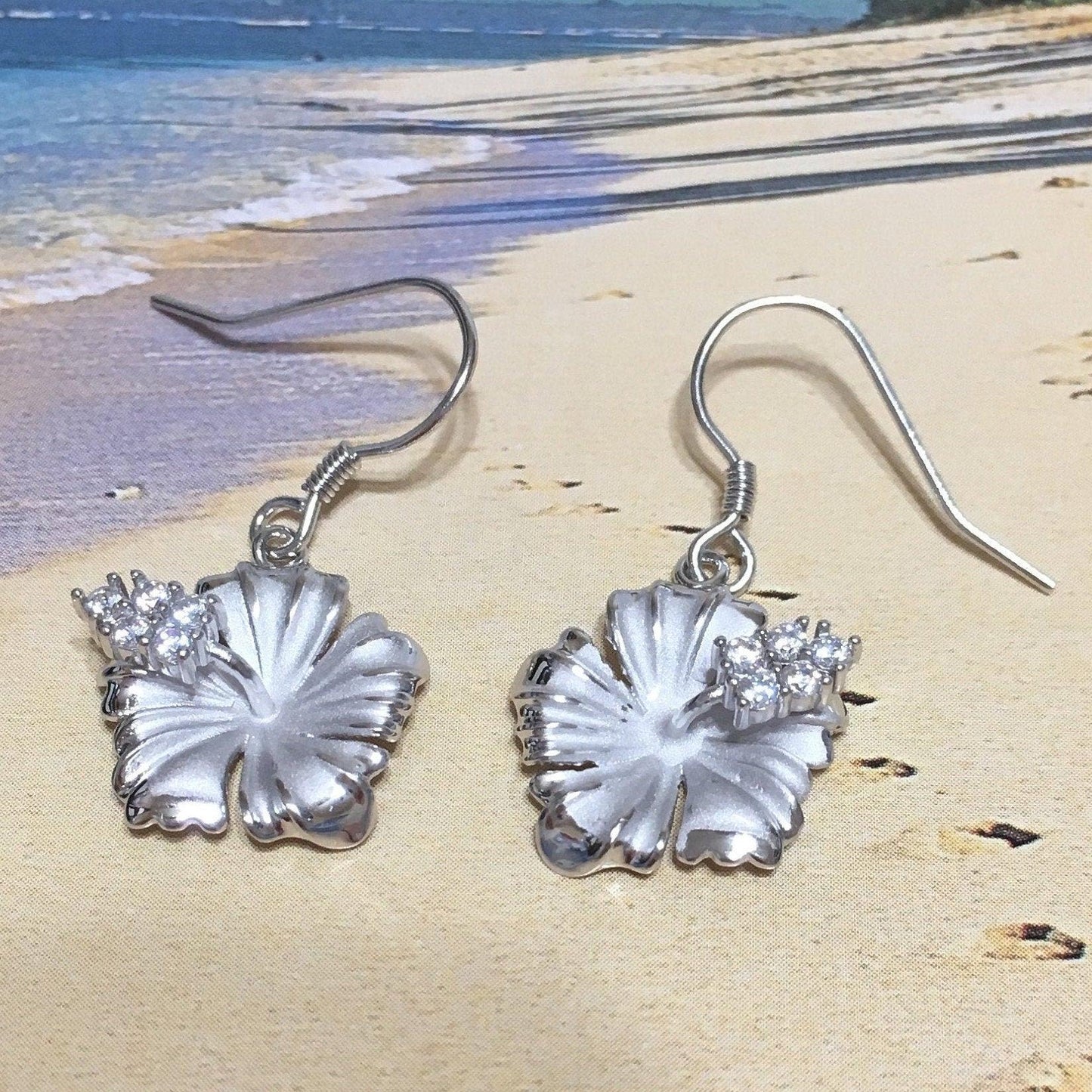 Beautiful Hawaiian Hibiscus Earring, Official Hawaii State Flower, Sterling Silver Hibiscus CZ Dangle Earring, E4124 Birthday Wife Mom Gift - Hawaii Treasures Shop