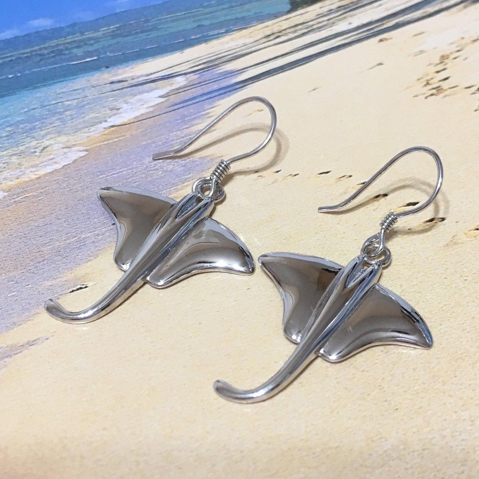 Unique Hawaiian X-Large Stingray Earring, Sterling Silver Sting Ray Dangle Earring, E4153A Birthday Wife Mom Mother Gift, Island Jewelry - Hawaii Treasures Shop