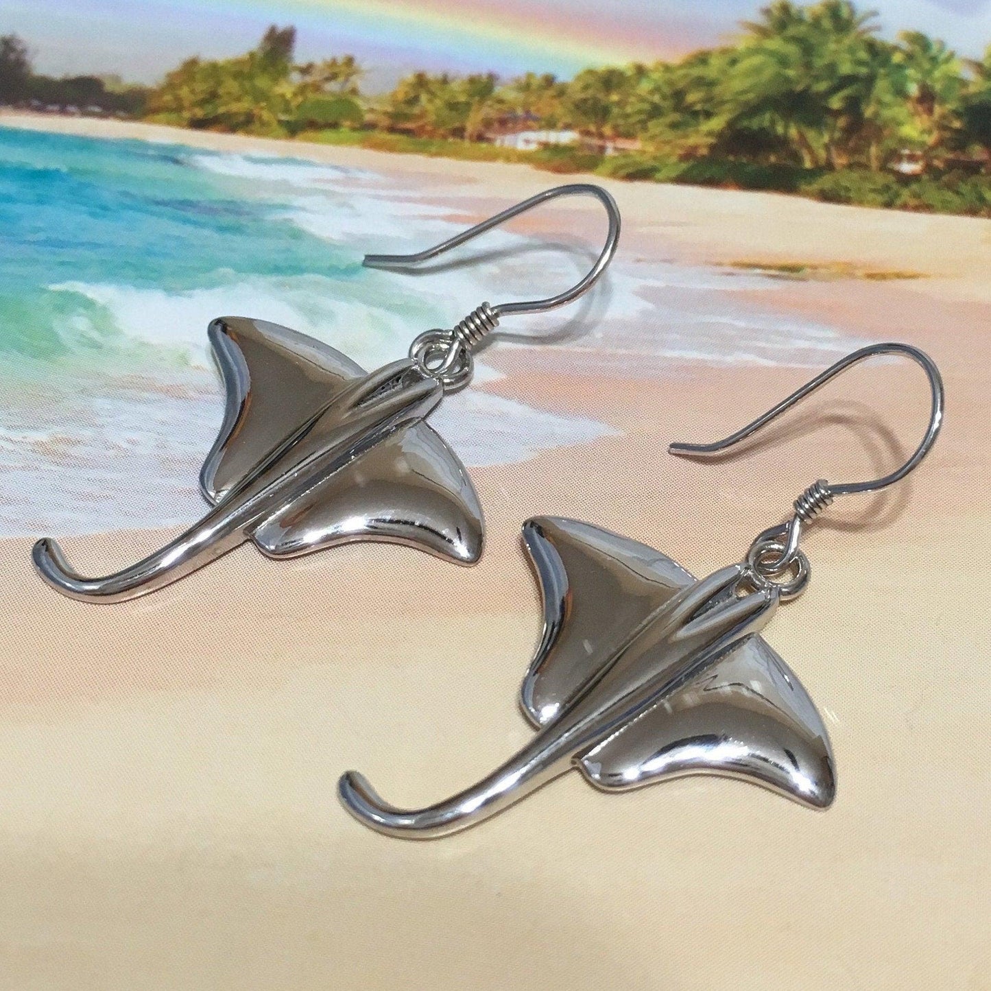 Unique Hawaiian X-Large Stingray Earring, Sterling Silver Sting Ray Dangle Earring, E4153A Birthday Wife Mom Mother Gift, Island Jewelry - Hawaii Treasures Shop