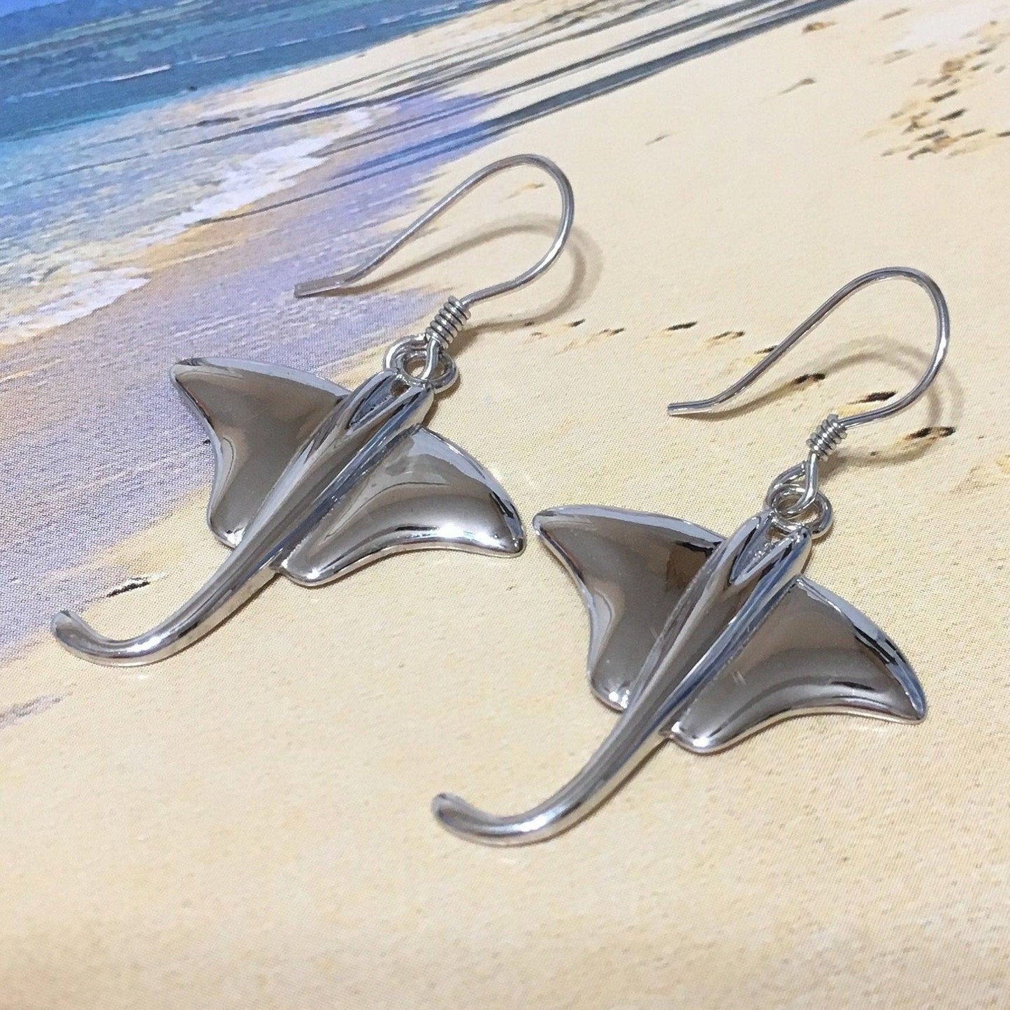 Unique Hawaiian X-Large Stingray Earring, Sterling Silver Sting Ray Dangle Earring, E4153A Birthday Wife Mom Mother Gift, Island Jewelry - Hawaii Treasures Shop