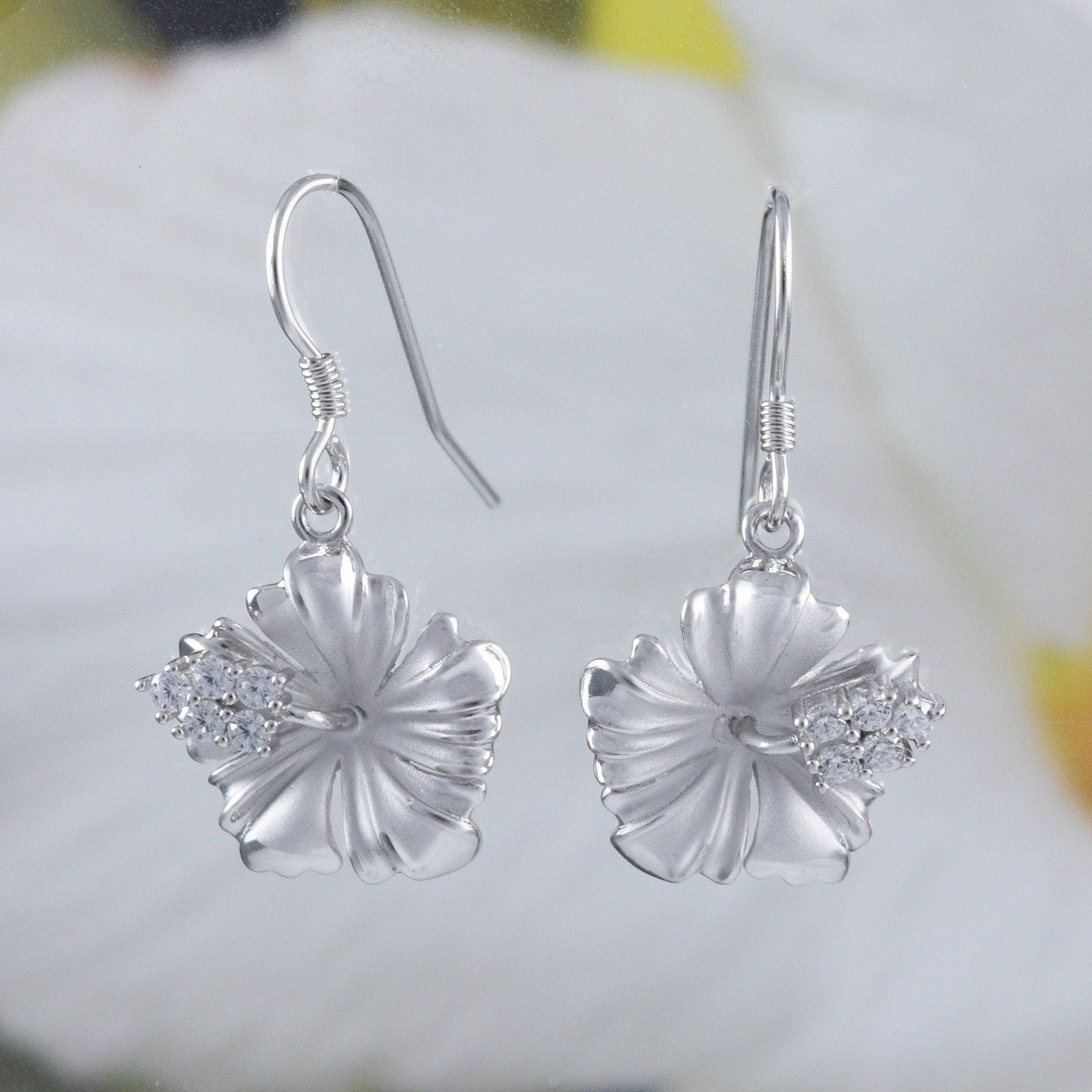 Beautiful Hawaiian Hibiscus Earring, Official Hawaii State Flower, Sterling Silver Hibiscus CZ Dangle Earring, E4124 Birthday Wife Mom Gift - Hawaii Treasures Shop