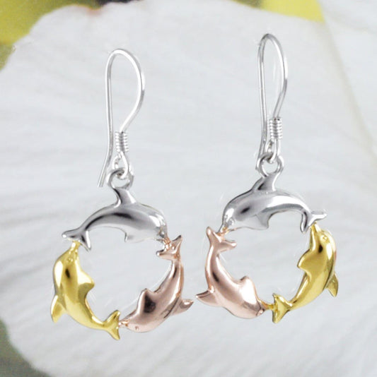 Unique Beautiful Hawaiian Tri-color 3 Dolphin Earring, Sterling Silver Dolphin Dangle Earring, E8560 Birthday Wife Mom Valentine Gift - Hawaii Treasures Shop