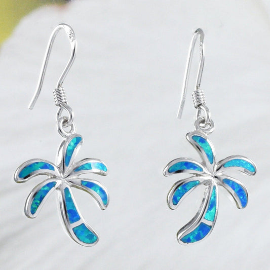 Stunning Hawaiian Blue Opal Palm Tree Earring, Sterling Silver Blue Opal Palm Tree Dangle Earring, E8420 Birthday Mom Mother Gift - Hawaii Treasures Shop