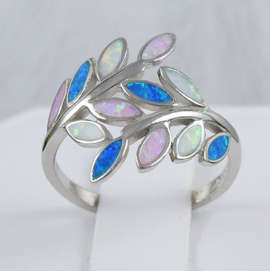 Unique Beautiful Hawaiian Large Tri-color Opal Maile Leaf Ring, Sterling Silver Opal Maile Leaf Ring, R2382 Birthday Mom Wife Mother Gift - Hawaii Treasures Shop