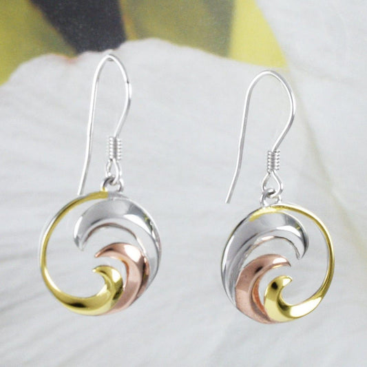 Beautiful Hawaiian Tri-color 3-tone Ocean Wave Earring, Sterling Silver Wave Dangle Earring, E8557 Mother Birthday Mom Wife Gift - Hawaii Treasures Shop
