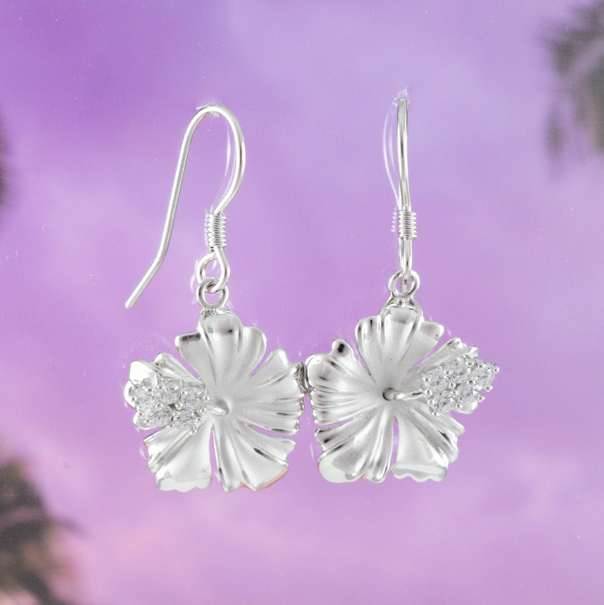 Beautiful Hawaiian Hibiscus Earring, Official Hawaii State Flower, Sterling Silver Hibiscus CZ Dangle Earring, E4124 Birthday Wife Mom Gift - Hawaii Treasures Shop