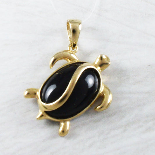 Gorgeous Genuine Black Coral Sea Turtle Pendant, 14KT Solid Yellow Gold Black Coral Sea Turtle Pendant P9202 Birthday Mom Gift, Statement PC - Hawaii Treasures Shop