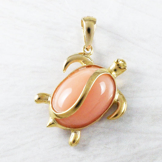 Gorgeous Genuine Pink Coral Sea Turtle Pendant, 14KT Solid Yellow Gold Pink Coral Sea Turtle Pendant, P9204 Birthday Mom Gift, Statement PC - Hawaii Treasures Shop