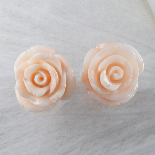 Unique Gorgeous Hawaiian Large Genuine Pink Coral Rose Earring, 14KT Solid Yellow-Gold Pink Coral Hand Carved Rose Stud Earring, E9212 - Hawaii Treasures Shop