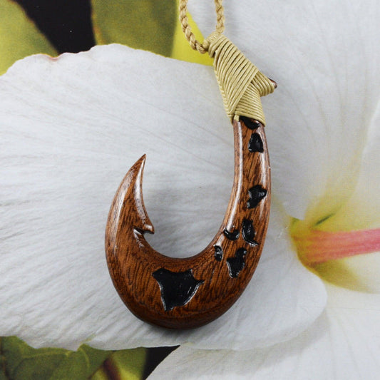 Unique Hawaiian X-Large Genuine Koa Wood Fish Hook Necklace, Hand Carved Map of Hawaiian Island Fish Hook Necklace, N9402 Birthday Gift - Hawaii Treasures Shop