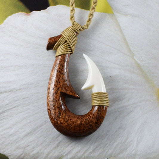 Unique Hawaiian Large Genuine Koa Wood Fish Hook Necklace, Hand Carved Buffalo Bone 3D Fish Hook Necklace, N9404 Birthday Mother Gift - Hawaii Treasures Shop