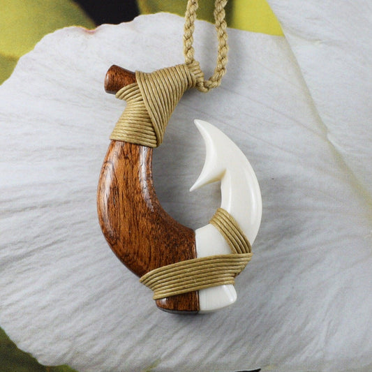 Unique Hawaiian Large Genuine Koa Wood Fish Hook Necklace, Hand Carved Buffalo Bone 3D Fish Hook Necklace, N9405 Birthday Mother Gift - Hawaii Treasures Shop