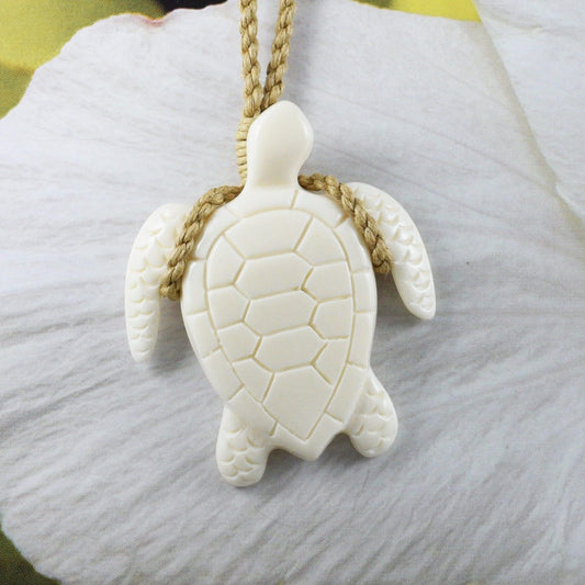 Unique Beautiful Hawaiian Large Sea Turtle Necklace, Hand Carved Buffalo Bone Turtle Necklace, N9409 Birthday Mother Gift, Island Jewelry - Hawaii Treasures Shop