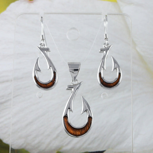 Beautiful Hawaiian Genuine Koa Wood Fish Hook Earring and Necklace, Sterling Silver Fish Hook Pendant, N8863S Birthday Mother Gift - Hawaii Treasures Shop
