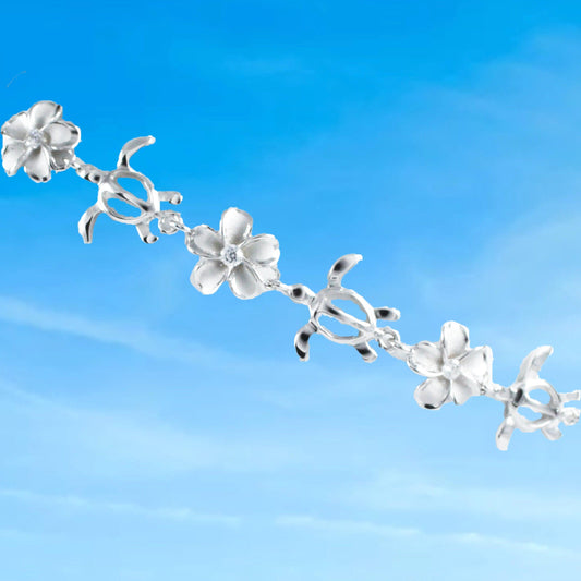 Beautiful Hawaiian Sea Turtle Plumeria Bracelet, Sterling Silver Turtle Plumeria CZ Charm Bracelet, B3311 Birthday Mother Gift - Hawaii Treasures Shop