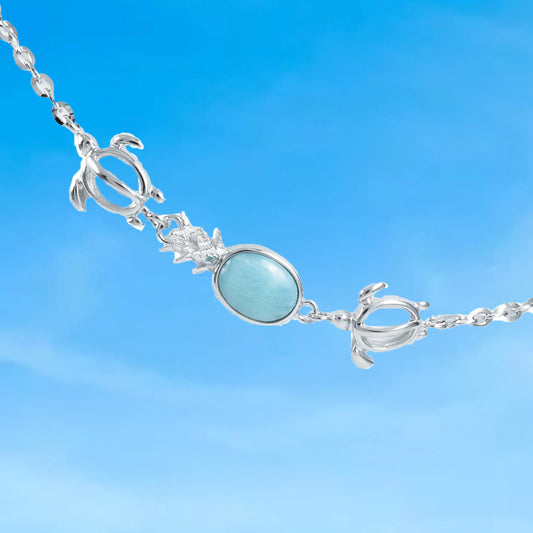 Unique Hawaiian Genuine Larimar Pineapple Sea Turtle Anklet, Sterling Silver Larimar Pineapple Ankle Bracelet, A9393 Birthday Mom Gift - Hawaii Treasures Shop