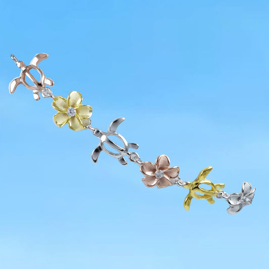 Unique Hawaiian 3-Tone Sea Turtle Plumeria Bracelet, Sterling Silver Tri-color Turtle Bracelet, B3319 Birthday Mom Mother Gift - Hawaii Treasures Shop