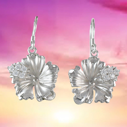Beautiful Hawaiian Hibiscus Earring, Official Hawaii State Flower, Sterling Silver Hibiscus CZ Dangle Earring, E4124 Birthday Wife Mom Gift - Hawaii Treasures Shop