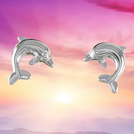 Pretty Hawaiian Dolphin Earring, Sterling Silver Dolphin Stud Earring, E4007 Birthday Wife Mom Girl Mother Gift, Island Jewelry - Hawaii Treasures Shop
