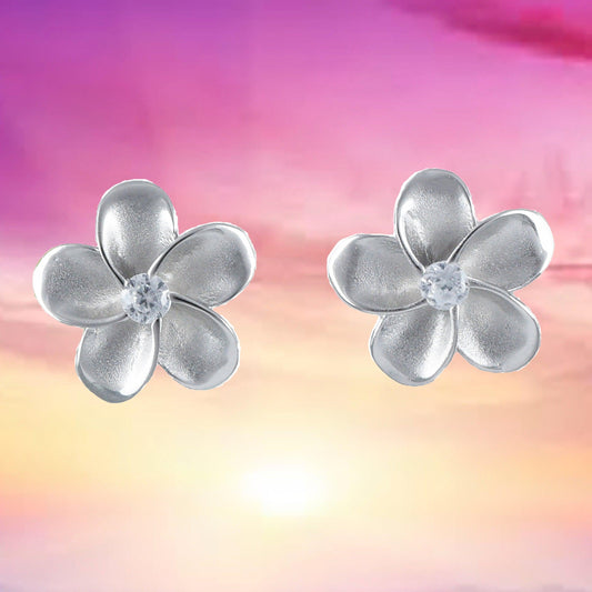 Beautiful Hawaiian Plumeria Earring, Sterling Silver Plumeria Flower CZ Stud Earring, E4011 Birthday Wife Mom Girl Mother Gift, Island Jewelry - Hawaii Treasures Shop