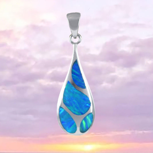 Beautiful Hawaiian Blue Opal Rain Drop Necklace, Sterling Silver Blue Opal Rain-Drop Pendant, N8387 Birthday Mom Mother Gift - Hawaii Treasures Shop