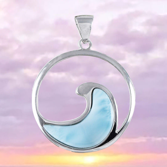 Unique Hawaiian Genuine Larimar Ocean Wave Necklace, Sterling Silver Larimar Ocean Wave Pendant, N8450 Birthday Mother Wife Mom Gift - Hawaii Treasures Shop