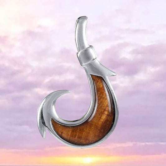Gorgeous Hawaiian Large Genuine Koa Wood Fish Hook Necklace, Sterling Silver Fish Hook Pendant, N8515 Birthday Mother Gift - Hawaii Treasures Shop