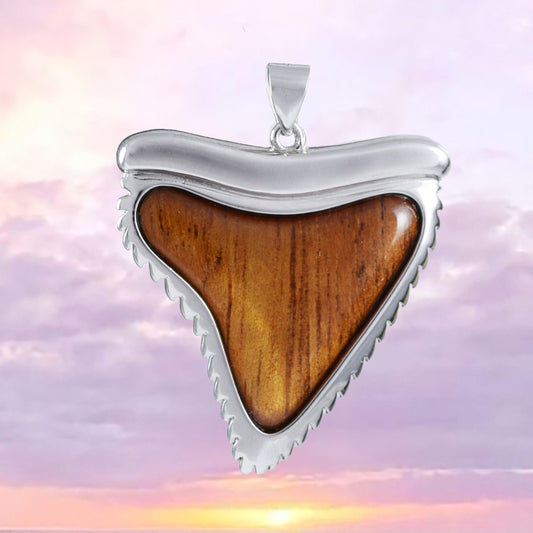 Unique Hawaiian X-Large Genuine Koa Wood Shark Teeth Necklace, Sterling Silver Shark Teeth Pendant, N8523 Birthday Mother Wife Mom Gift - Hawaii Treasures Shop