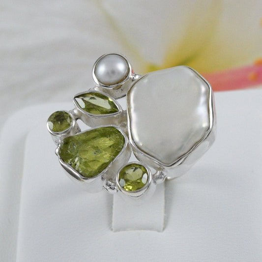 Gorgeous Beautiful Hawaiian X-Large Genuine Peridot White Pearl Ring, Sterling Silver Peridot Pearl Ring, R2601 Birthday Gift, Statement PC - Hawaii Treasures Shop
