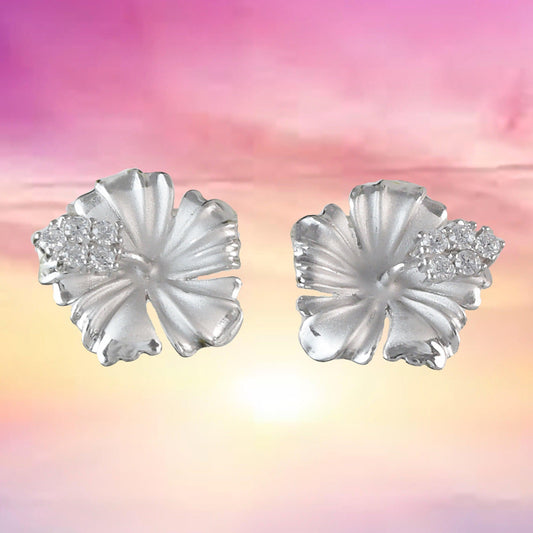 Beautiful Hawaiian Hibiscus Earring, Official Hawaii State Flower, Sterling Silver Hibiscus CZ Stud Earring, E4123 Birthday Wife Mom Gift - Hawaii Treasures Shop