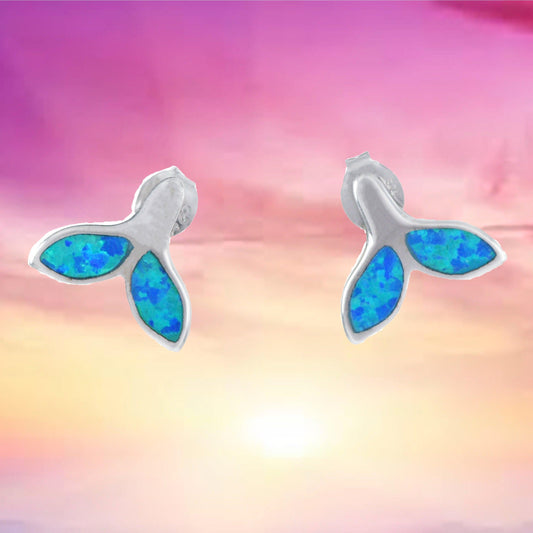 Beautiful Hawaiian Blue Opal Whale Tail Earring, Sterling Silver Blue Opal Whale Tail Stud Earring, E4131 Birthday Wife Mom Mother Gift - Hawaii Treasures Shop