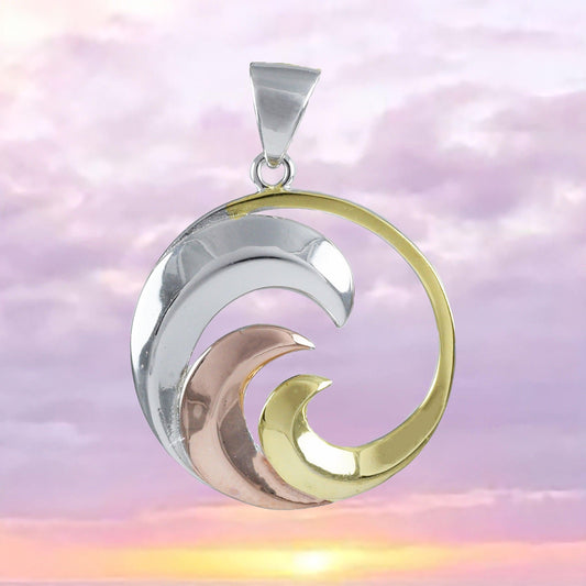 Gorgeous Hawaiian Large Tri-color Ocean Wave Necklace, Sterling Silver Surfing Wave Pendant, N8547 Birthday Valentine Mom Gift, Statement PC - Hawaii Treasures Shop