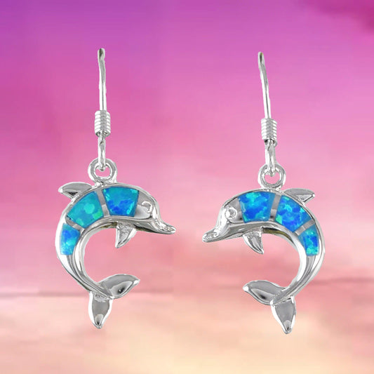 Beautiful Hawaiian Blue Opal Dolphin Earring, Sterling Silver Blue Opal Dolphin Dangle Earring, E4030 Birthday Wife Mom Mother Gift - Hawaii Treasures Shop