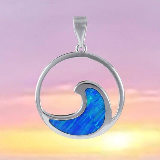 Unique Hawaiian Large Blue Opal Ocean Wave Necklace, Sterling Silver Blue Opal Wave Pendant, N8382 Birthday Mom Mother Gift - Hawaii Treasures Shop