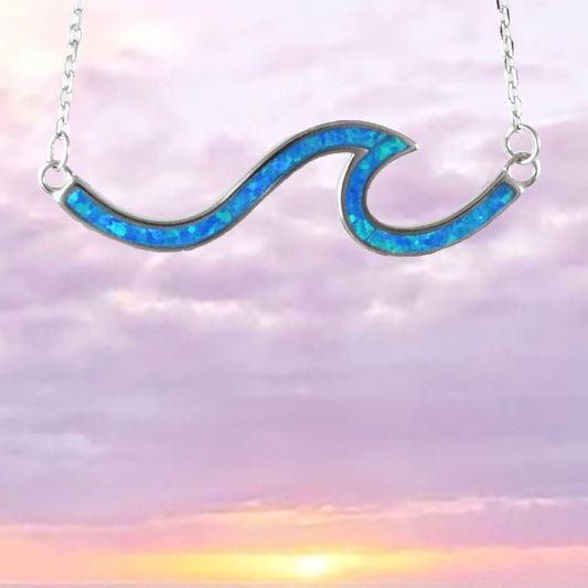 Unique Hawaiian Blue Opal Ocean Wave Necklace, Sterling Silver Blue Opal Wave Necklace, N8390 Birthday Mom Mother Gift, Island Jewelry - Hawaii Treasures Shop