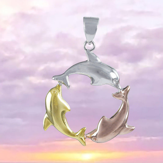 Unique Hawaiian Tri-color 3 Dolphin Necklace, Sterling Silver, Yellow-Gold, Rose-Gold Plated Dolphin Charm Pendant, N8548 Birthday Mom Gift - Hawaii Treasures Shop