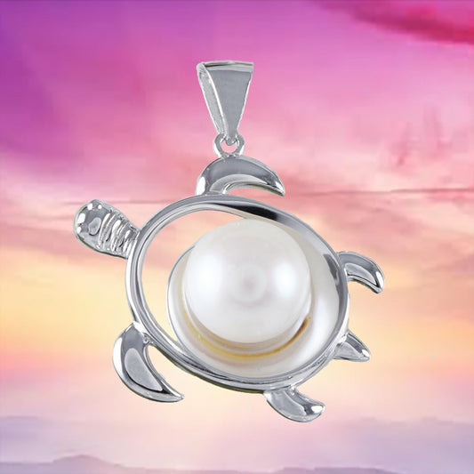Unique Hawaiian Large Genuine White Pearl Sea Turtle Necklace, Sterling Silver White Pearl Turtle Pendant, N8869 Birthday Mom Gift - Hawaii Treasures Shop