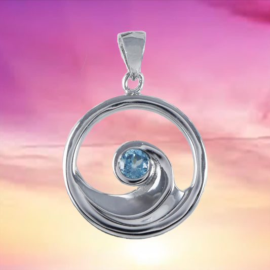 Unique Hawaiian Genuine Blue Topaz Ocean Wave Necklace, Sterling Silver Blue Topaz Ocean Wave Pendant, N8887 Birthday Valentine Mom Gift - Hawaii Treasures Shop