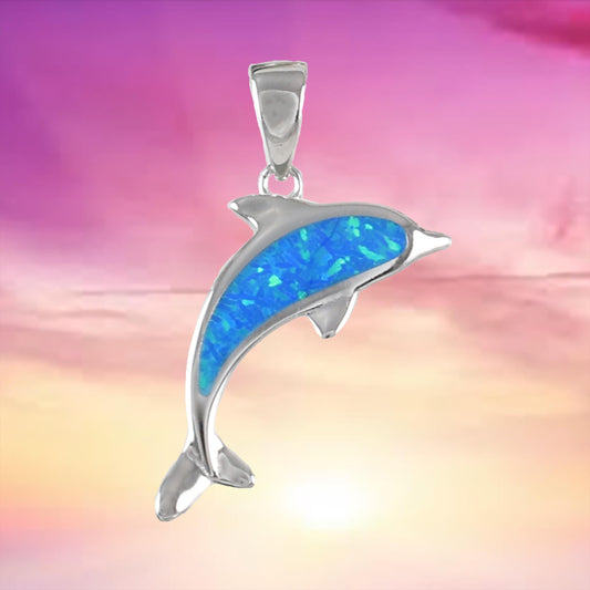 Beautiful Hawaiian Dolphin Necklace, Sterling Silver Blue Opal Dolphin Pendant, N6149 Birthday Mother Wife Mom Girl Gift, Island Jewelry - Hawaii Treasures Shop