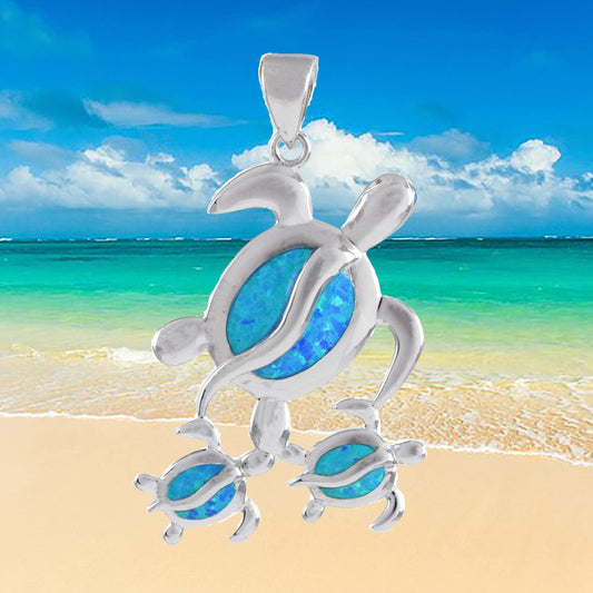 Gorgeous X-Large Mom & 2 Baby Turtle Necklace, Sterling Silver Hawaiian Blue Opal Sea Turtle Family Pendant, N6169 Birthday Mother Gift - Hawaii Treasures Shop