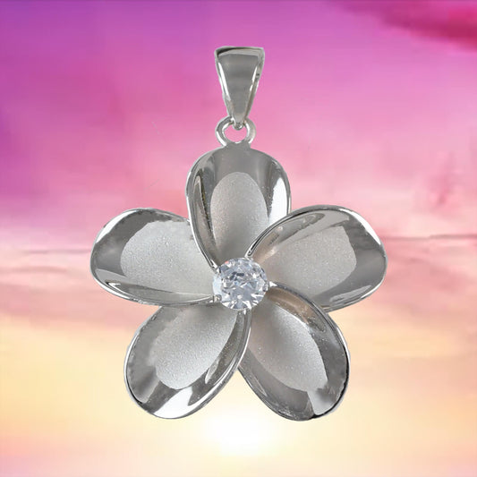 Gorgeous Large Hawaiian Plumeria Necklace, Sterling Silver Plumeria Flower CZ Pendant N6003 Birthday Mother Mom Gift, Island Jewelry - Hawaii Treasures Shop