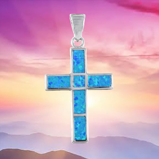 Gorgeous Hawaiian Blue Opal Cross Necklace, Sterling Silver Blue Opal Cross Pendant, N6165 Birthday Mother Mom Anniversary Gift - Hawaii Treasures Shop