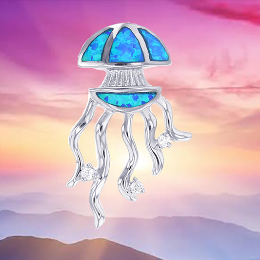 Unique Hawaiian Blue Opal Jellyfish Necklace, Sterling Silver Opal Jellyfish CZ Pendant, N8938 Birthday Mother Wife Mom Gift - Hawaii Treasures Shop