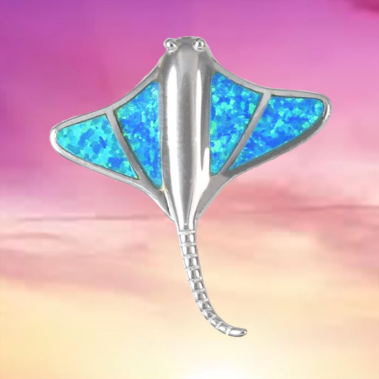 Stunning Hawaiian Large Blue Opal Stingray Necklace, Sterling Silver Blue Opal Sting Ray Pendant, N6153 Birthday Mother Wife Mom Gift - Hawaii Treasures Shop